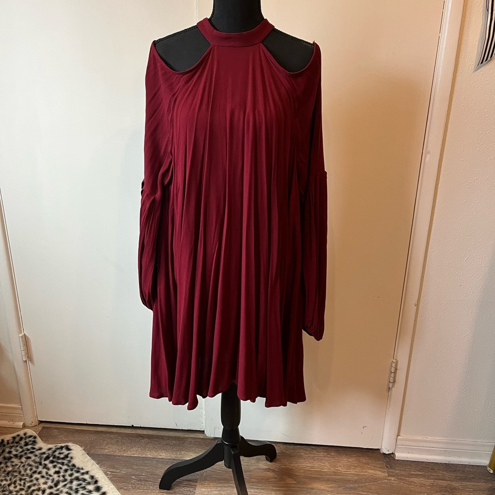 Free People Red Mock Neck Bishop Sleeve Mini Dress